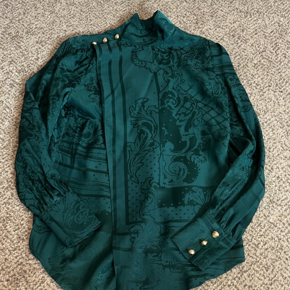 Balmain H&M Emerald Green Jacquard Shirt with Gold Buttons 100% Silk 4